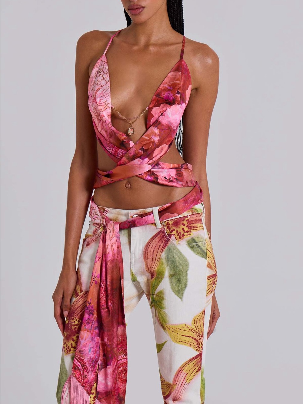 JADED LONDON Ayla Satin Backless Plunge Wrap Top In Rosa